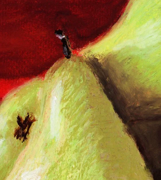 Detail des Ölpastell-Stilllebens „Birnenteller“ mit Birne