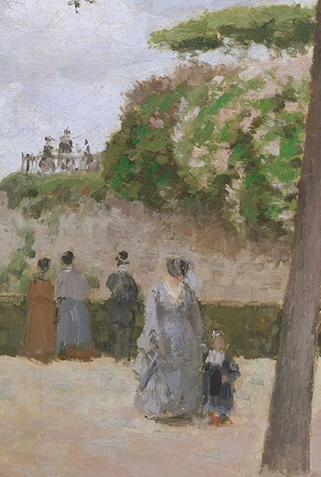 Detailansicht: Pinselstruktur und Farbverläufe im Gemälde Der öffentliche Garten in Pontoise (naher Zoom)