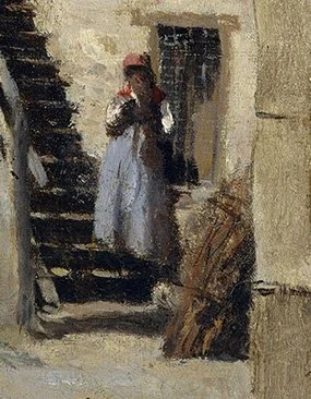 Detail view: figure and staircase area in A Village Street in Dardagny (close-up)
