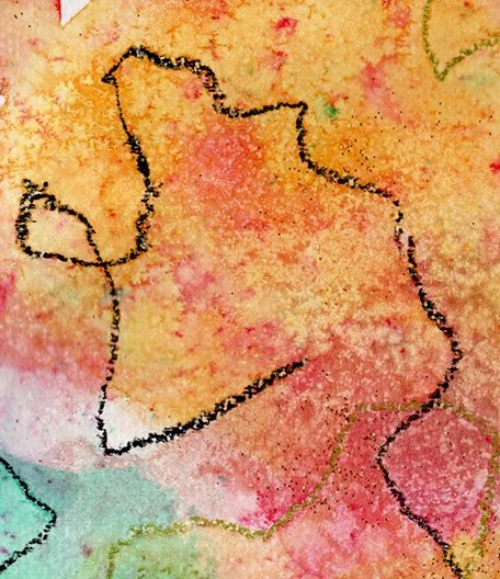 Detail des Aquarellbildes „Faces“ mit abstrakten Linien und warmen Farbtönen