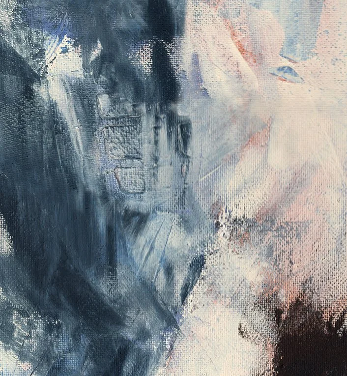 Strukturreiche Malerei mit dunklen und hellen Kontrasten im abstrakt-figurativen Stil