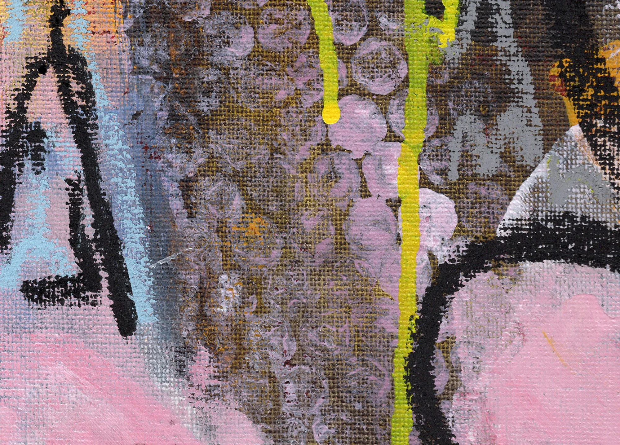 Detail des Gemäldes „Street“ mit rosa Blume und Street-Art-Strukturen