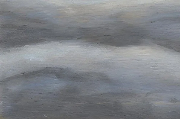 Detail der Miniatur „Abendhimmel“ mit Landschaft und grauen Wolkenstrukturen