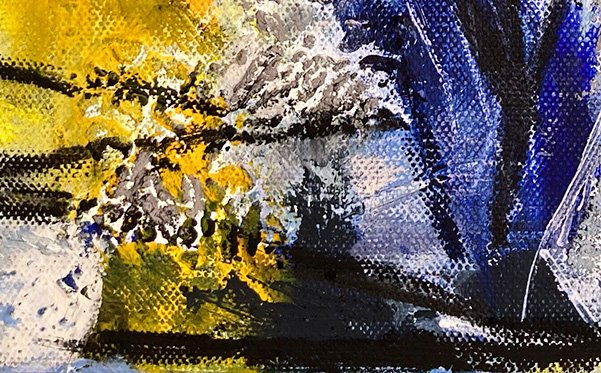 Detail des Gemäldes „Man in Blue“ mit expressiver gelb-blauer Farbstruktur