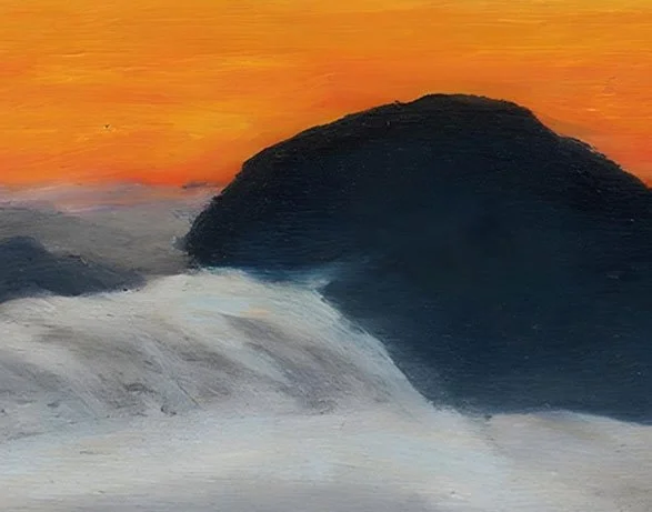 Detail des Ölpastellbildes „Abendhimmel“ mit Bergsilhouette vor orangefarbenem Himmel
