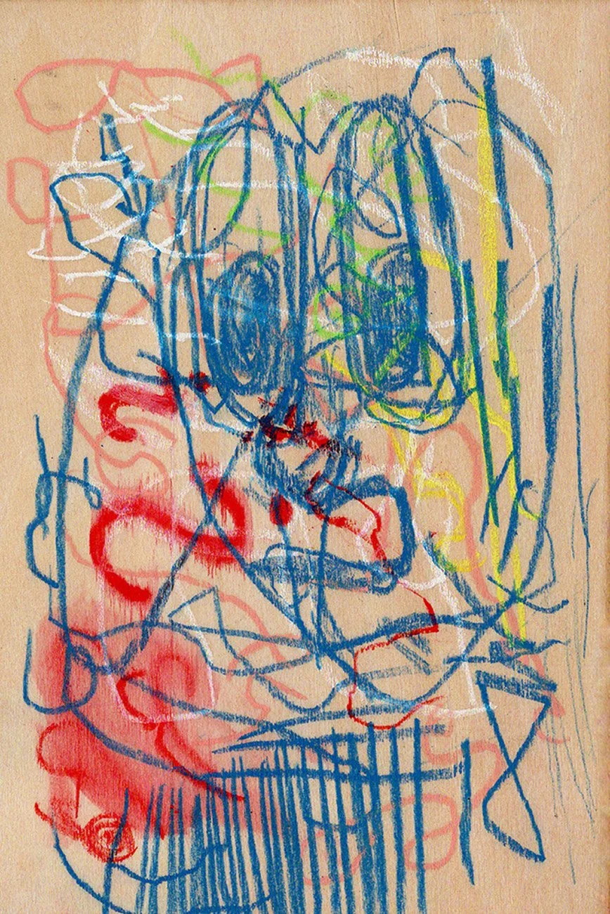 Entdecke „Abstract Face“, ein expressives abstraktes Gemälde mit überlagerten Gesichtszügen, dynamischen Linien und lebendigen Akzenten in Blau, Rot und Gelb.
