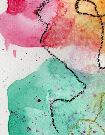 Detail des Mixed-Media-Aquarells „Faces“ mit rosa und türkisfarbenen Flächen
