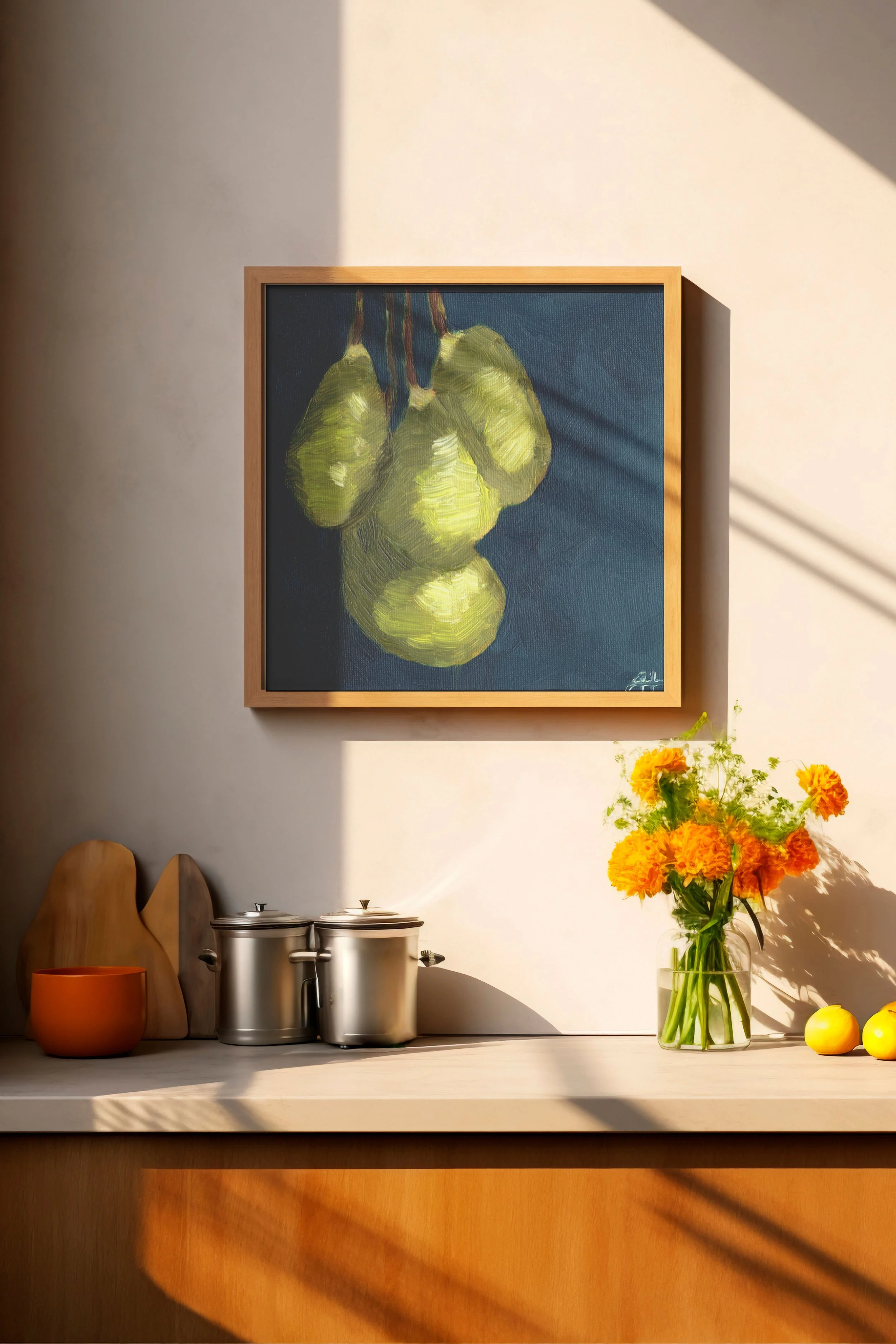 Hängende Avocados – Stillleben in Blau | Ölpastell Art Print (quadratisch, bis A3)