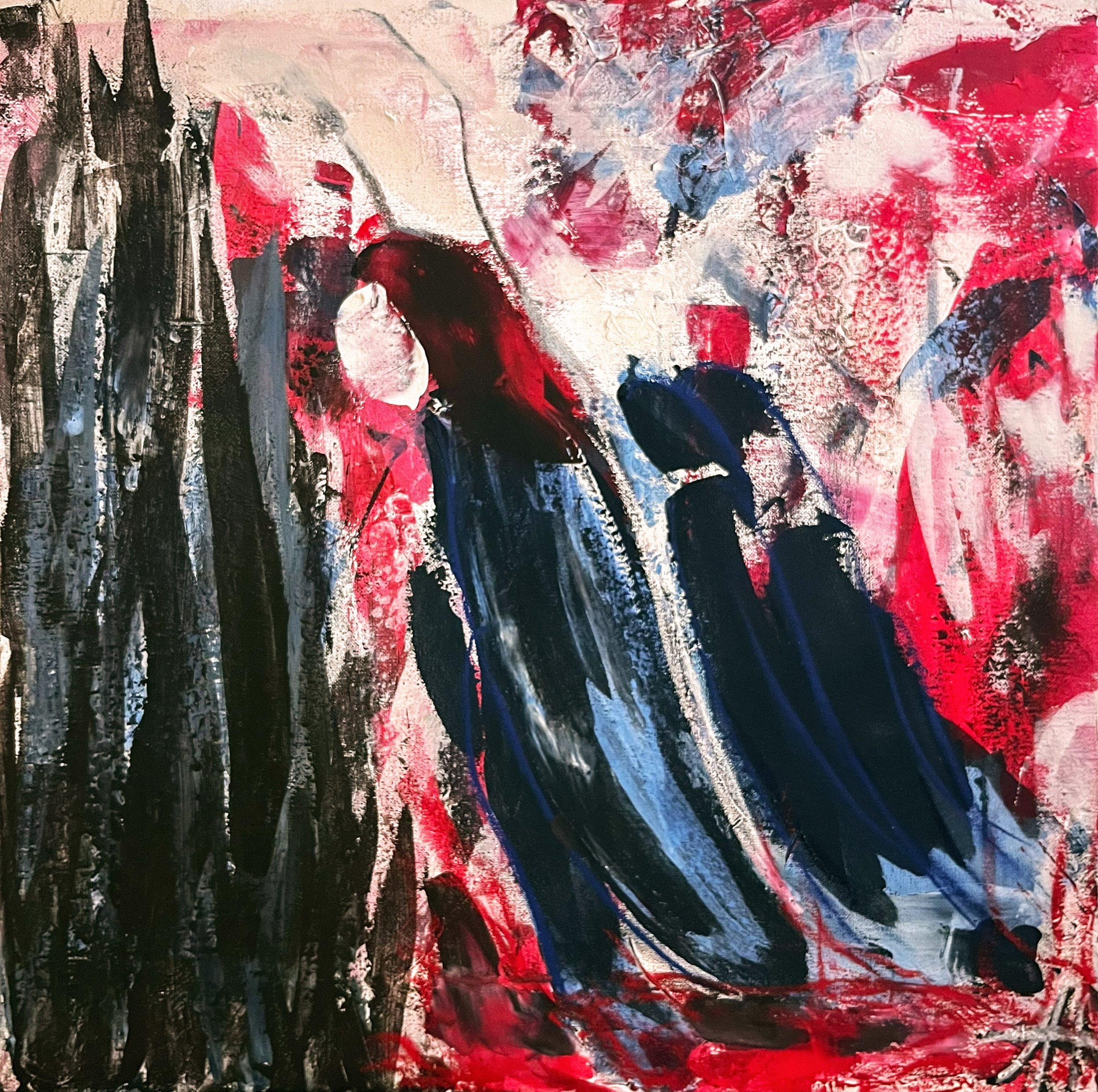 Abstrakt-expressives Gemälde „From Hell into Dark“ mit figurativer Darstellung