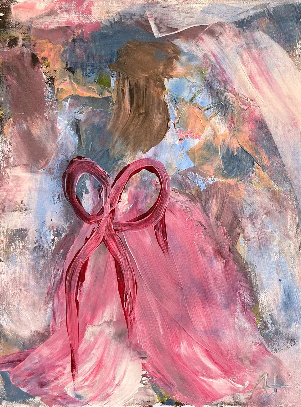 Abstrakt-expressives Acrylgemälde „The Dancer“ mit Tänzerin und roter Schleife von AnnHo Arts