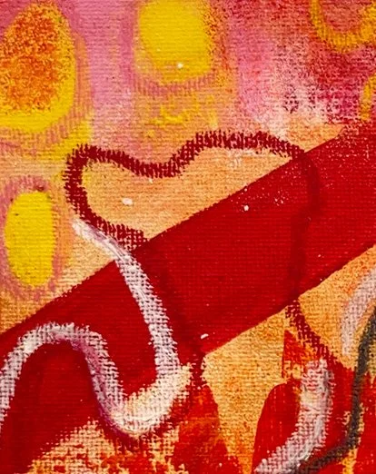 Detail des abstrakten Gemäldes mit roten Flächen, gelben Ovalen sowie weißen und dunkelroten Wellenlinien.