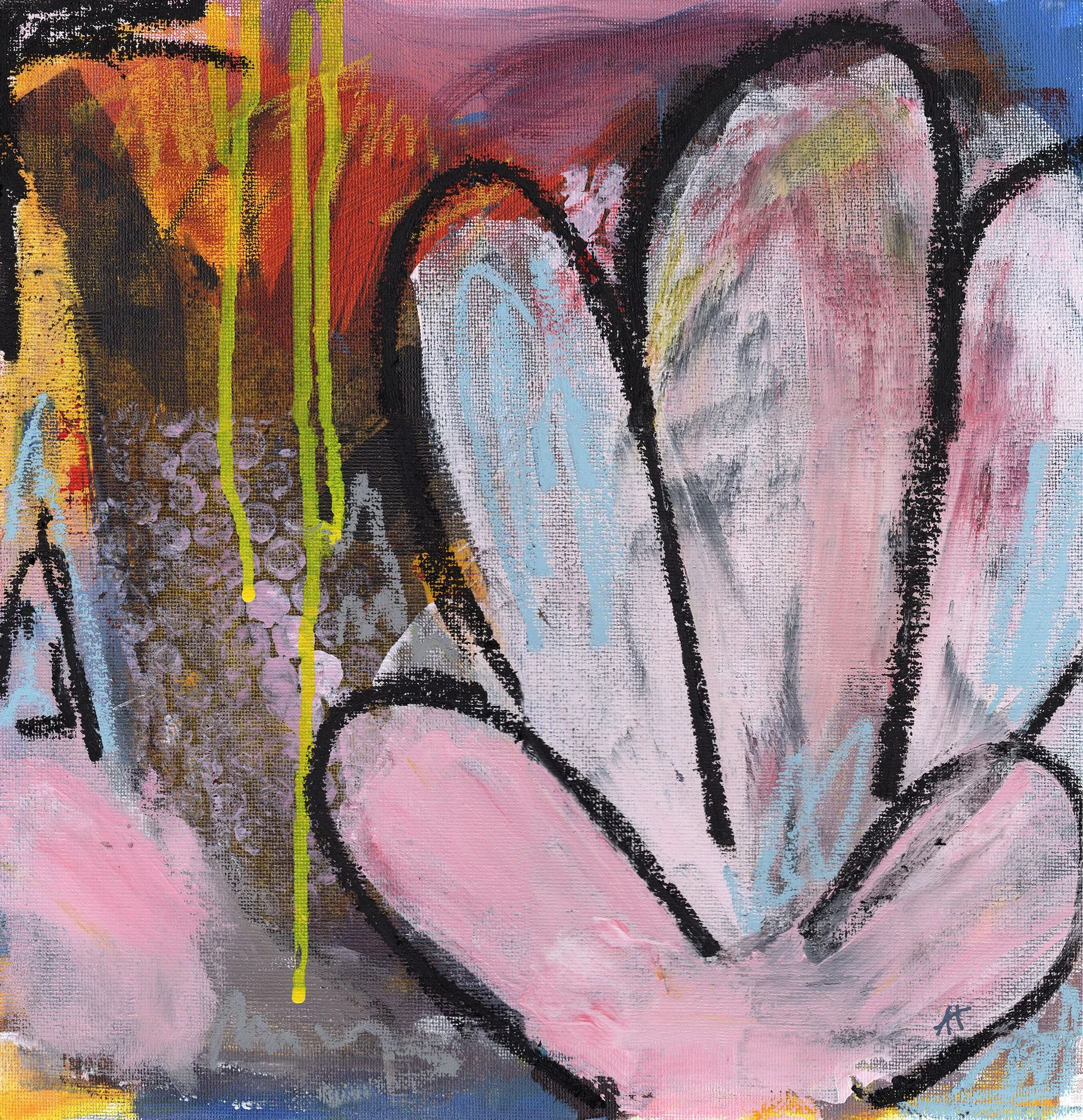 Abstrakter Kunstdruck in Rosa, Gelb und Grau mit gestischen schwarzen Linien