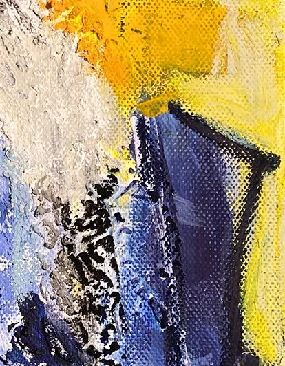 Detail des Gemäldes „Man in Blue“ mit blauer und gelber Farbstruktur
