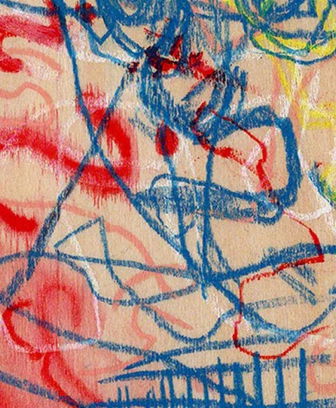 Detail von ‚Abstract Face‘ mit überlagerten blauen Gesichtszügen, roten Farbflächen und gelben Akzenten.