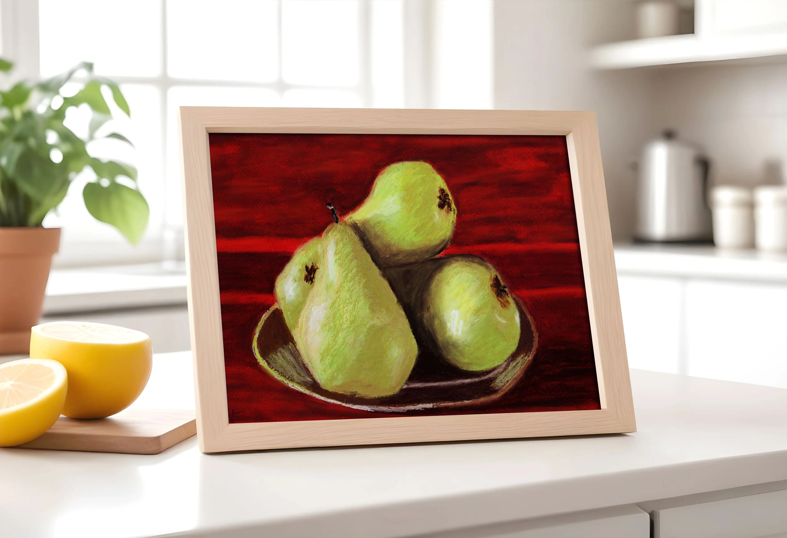 Birnenteller – Grünes Birnen Stillleben vor rotem Hintergrund | Kunstdruck