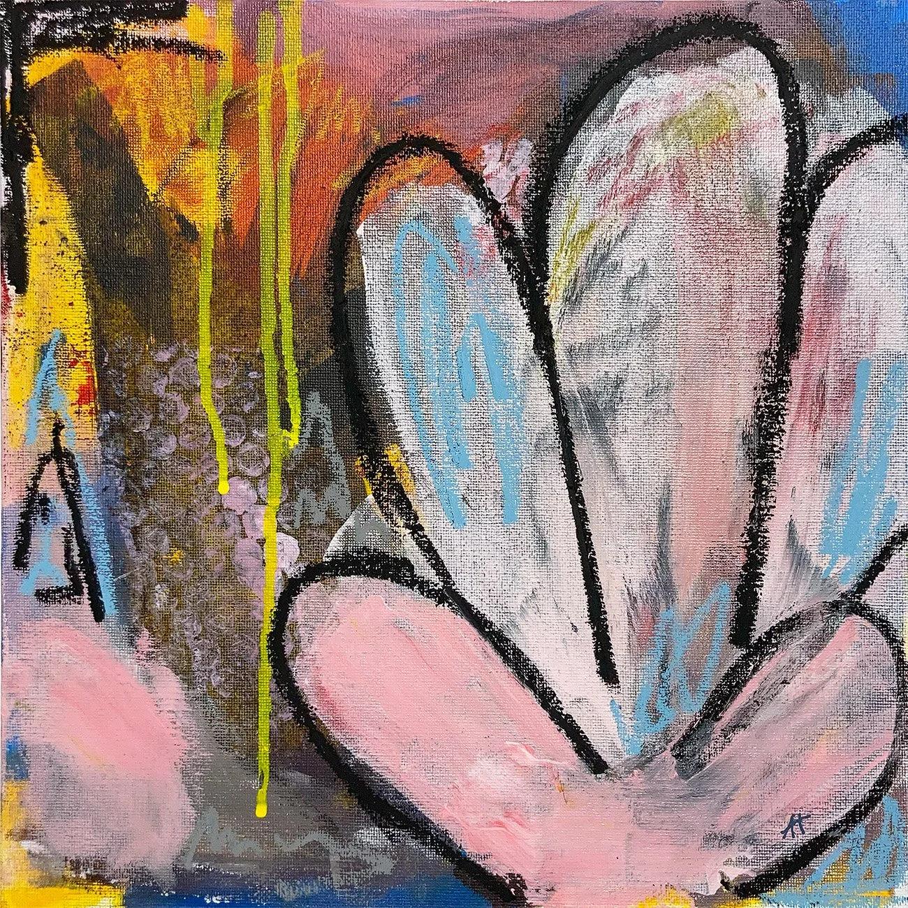 Abstrakt-expressives Gemälde „Street“ mit Street-Art-Anklängen und rosa Blume von AnnHo Arts