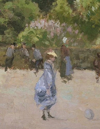 Detailansicht: Figuren und Umgebung im Gemälde Der öffentliche Garten in Pontoise (naher Zoom)