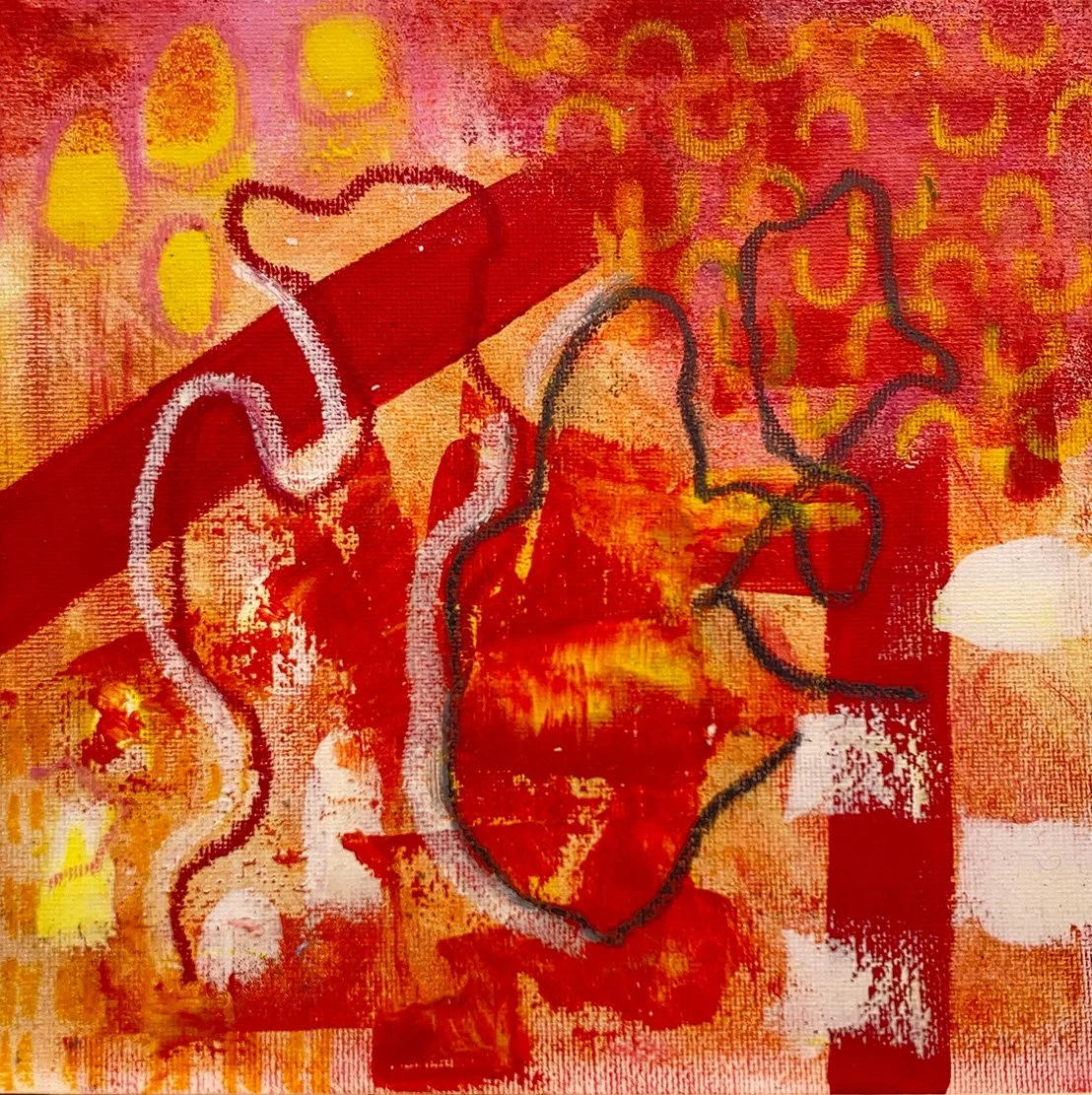 Abstraktes Gemälde in leuchtendem Rot, Orange und Gelb mit organischen Konturen, geschwungenen Linien und vielschichtigen Farbflächen.