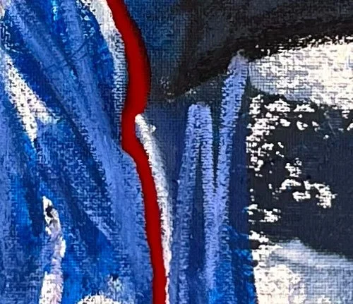 Detail des Gemäldes Bloody Cry mit roter Linie und blauer Farbstruktur