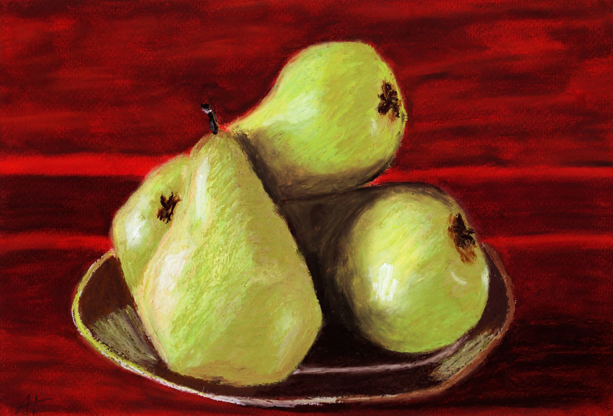Ölpastell Stillleben mit drei grünen Birnen auf einem Teller vor rotem Hintergrund