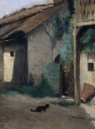Detail view: brushwork and color transitions on the facade in A Village Street in Dardagny (close-up)