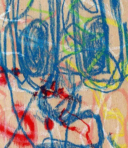 Detail von ‚Abstract Face‘ mit dichten blauen Gesichtslinien und leuchtenden Akzenten in Grün, Gelb und Rot.