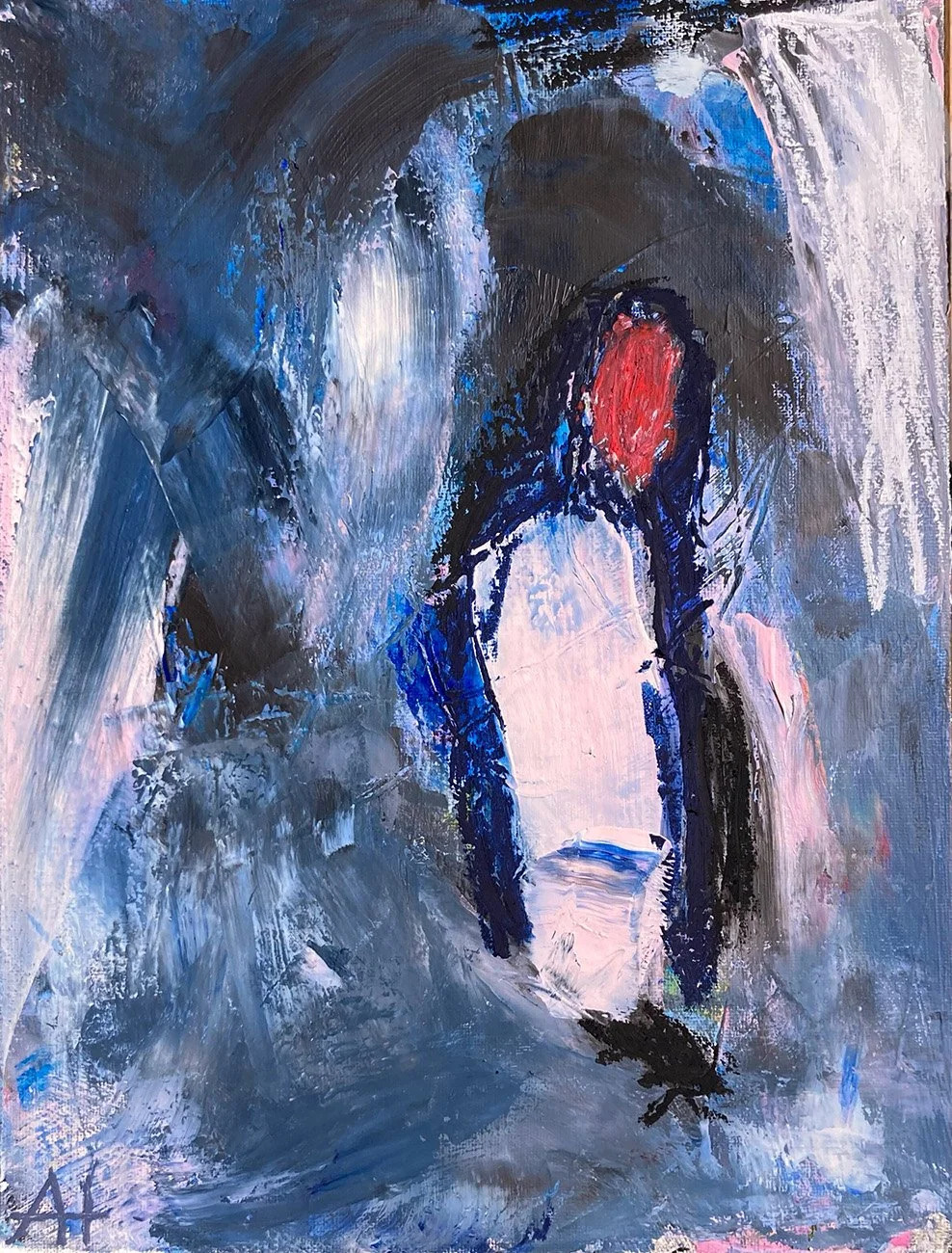 Abstrakt-expressives Gemälde „Figure in the Dark“ mit angedeuteter menschlicher Figur in dunklen Blau- und Grautönen