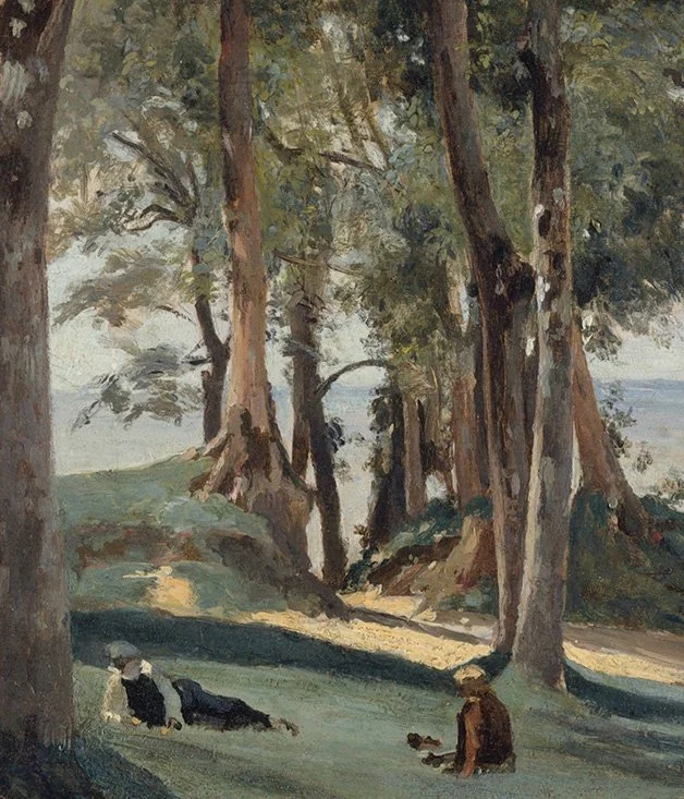 Detailansicht: Bäume und Weg im Gemälde Kalvarienberg von Honfleur (naher Zoom)