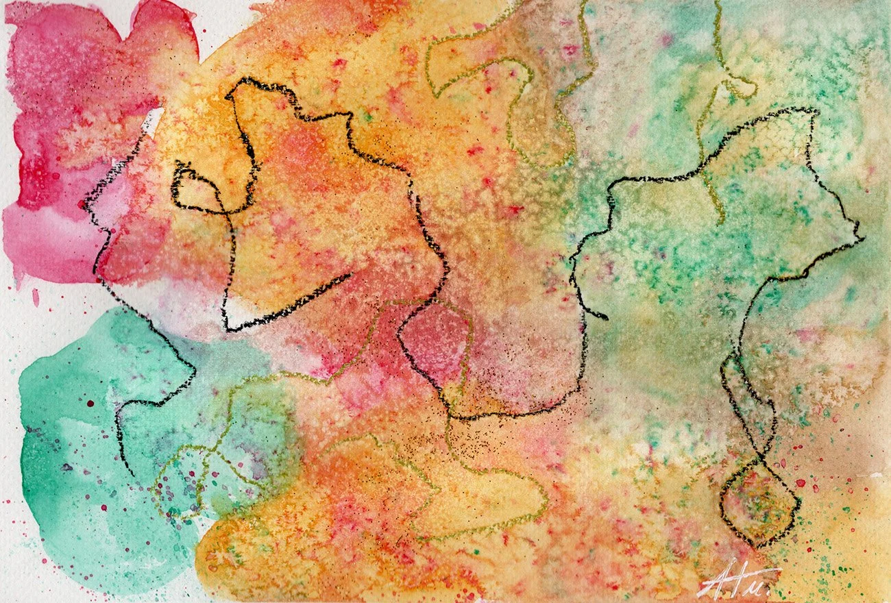 Mixed-Media-Aquarell „Faces“ mit abstrakten Gesichtsformen von AnnHo Arts
