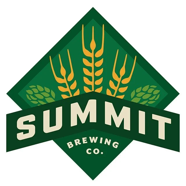 Logo of Summit Brewing Company featuring stylized wheat stalks and green diamond background with bold text.