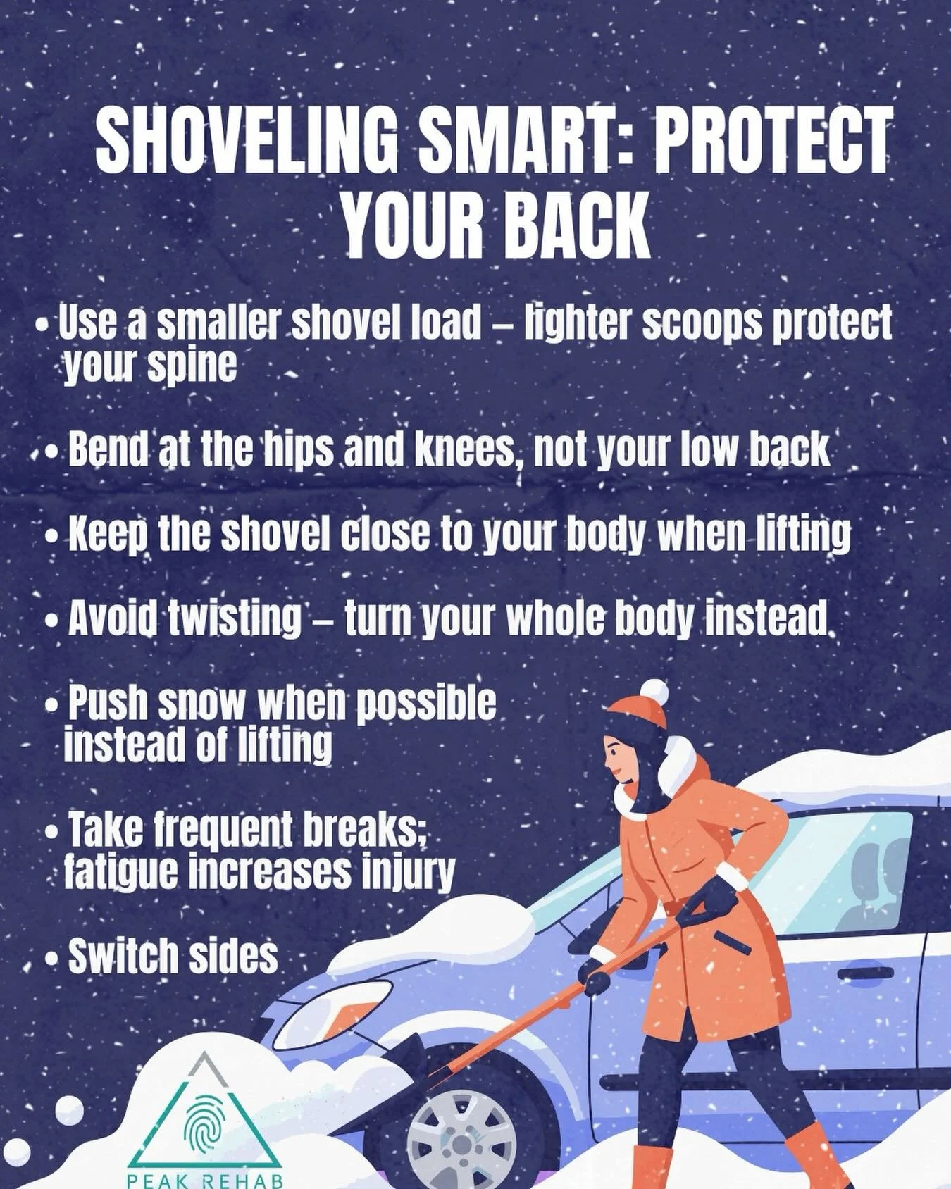 Snow shoveling seems harmless&hellip; until your back reminds you otherwise ❄️

Most winter back injuries don&rsquo;t come from the snow &mdash; they come from how we move.

A few small adjustments can make a big difference:
✔️ Lift less, move smarte