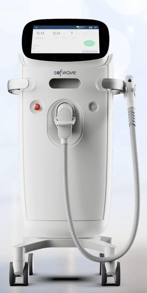 Medical device with a digital touchscreen display, labeled 'sofwave,' on a wheeled stand, equipped with handpieces and controls for cosmetic or dermatological procedures.