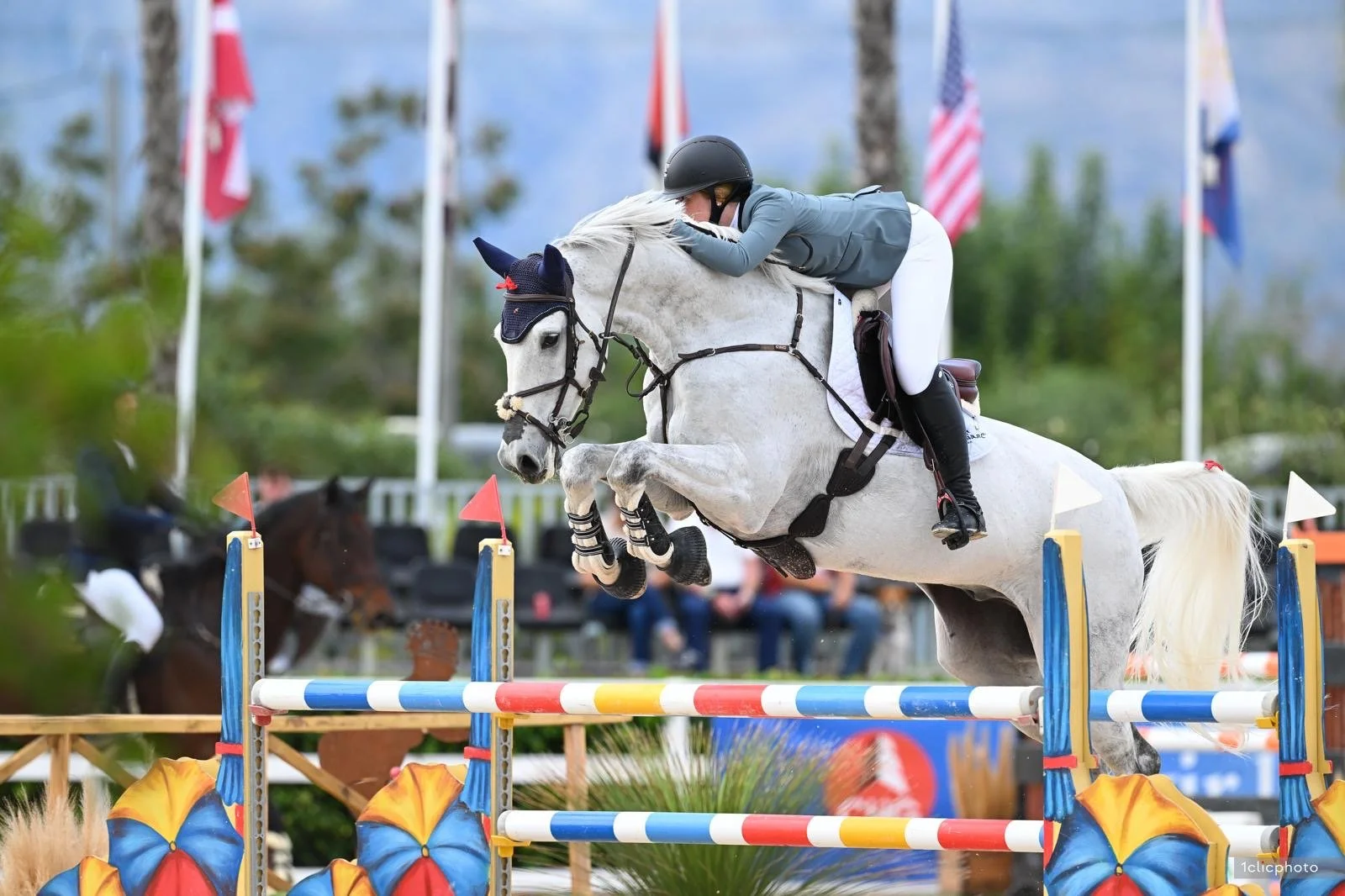 A rider on a white horse jumping over an obstacle in a show jumping competition outdoors.