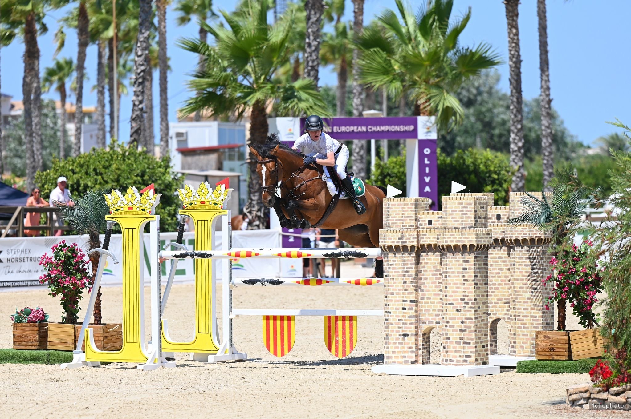 A rider and horse jumping over an obstacle at an equestrian event, with palm trees and spectators in the background.