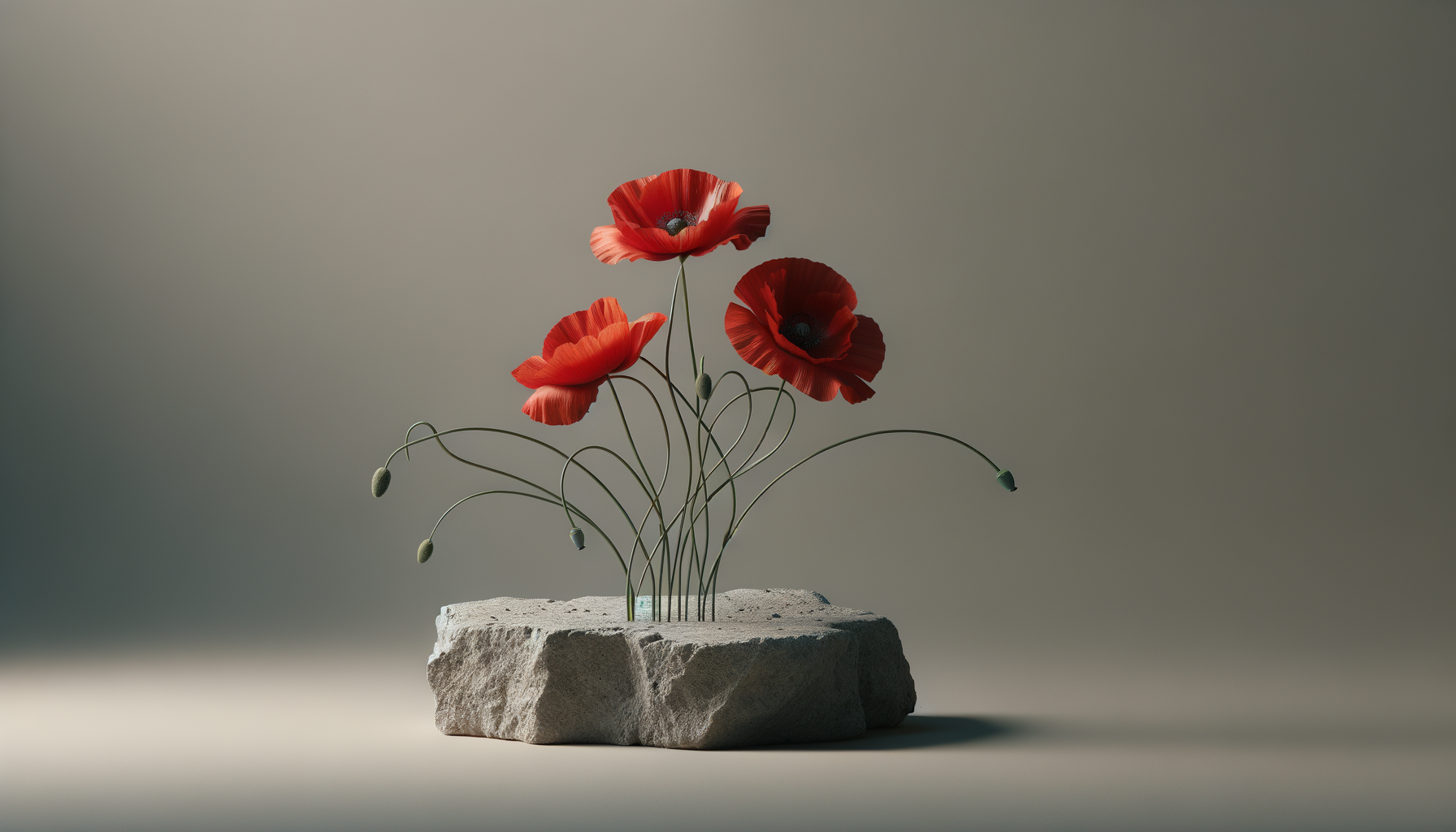 Three red poppy flowers with dark centers and closed buds on wire stems in a rocky base against a gray background.