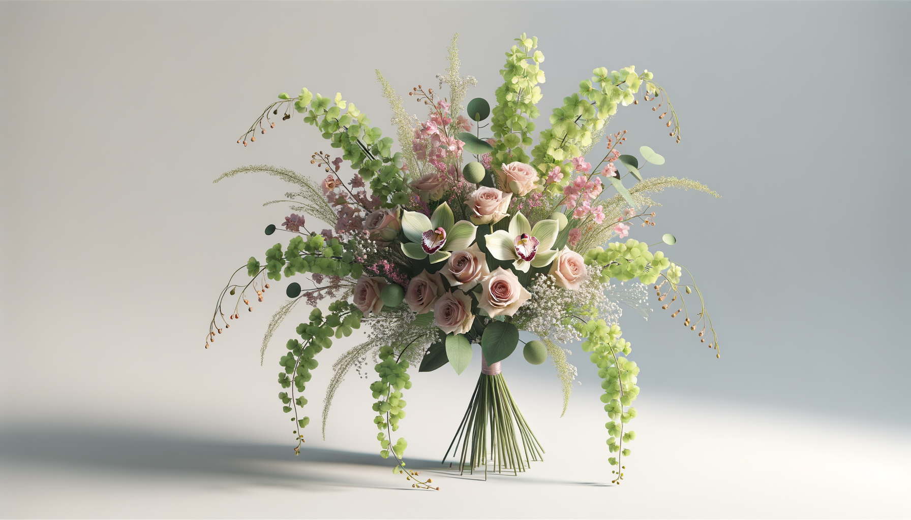A floral arrangement featuring pale pink roses, white orchids with purple centers, and various green foliage and delicate filler flowers arranged in a vase.