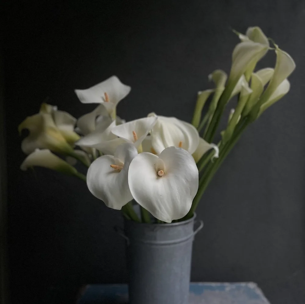 A bouquet of white calla lilies in a gray vase on a dark background.