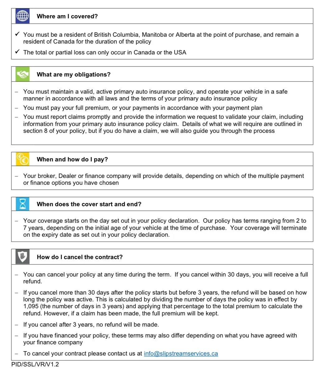 Information page about auto insurance coverage, obligations, payment, coverage start and end dates, and contract cancellation policies.