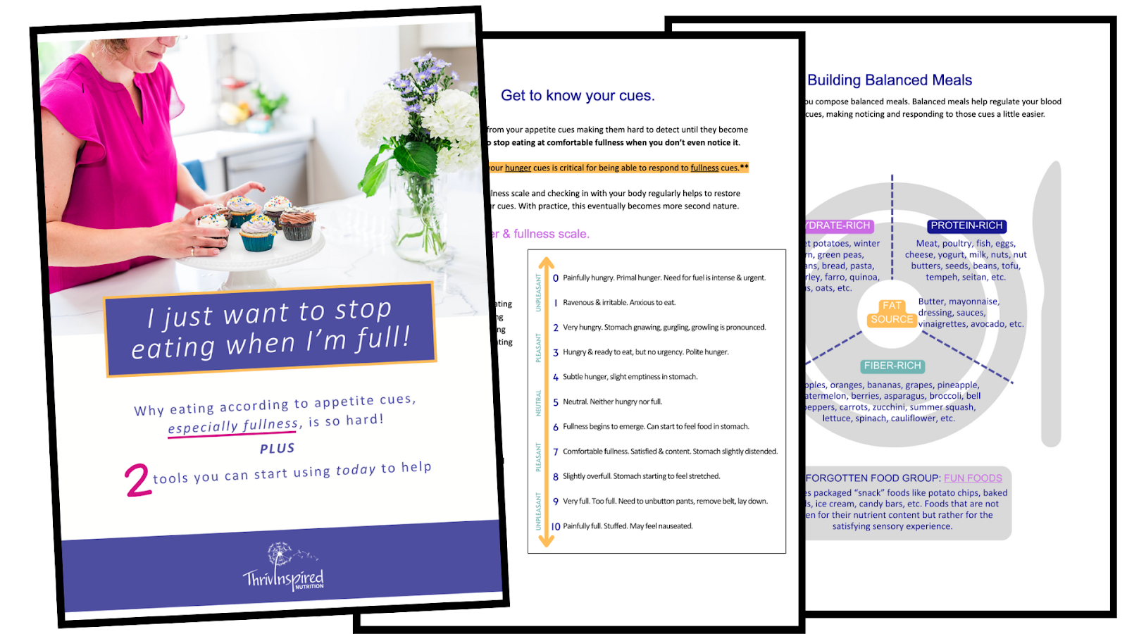 A series of 3 pages representing the cover page of a workbook, a hunger and fullness scale, and a balanced eating plate.