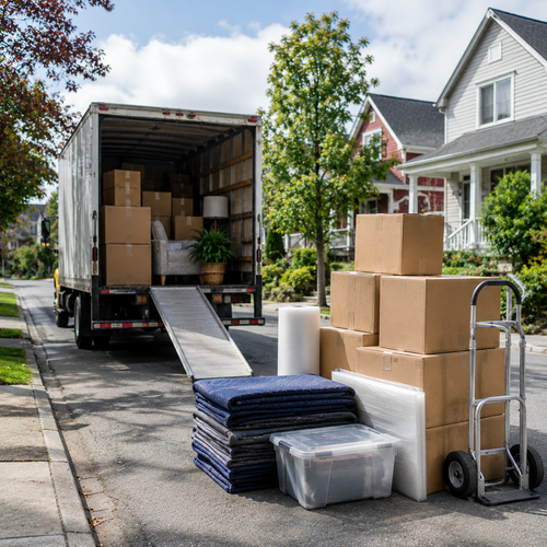 residential moving boxes on curb outside Portland house