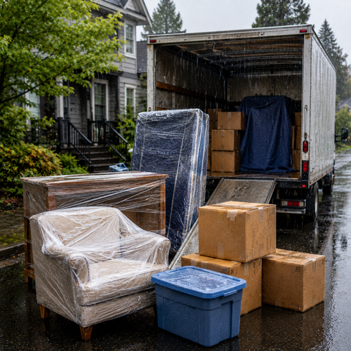 family wrapping sofa in clear plastic under gray sky
