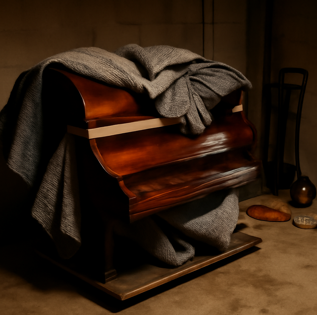 four people moving padded upright piano on dolly