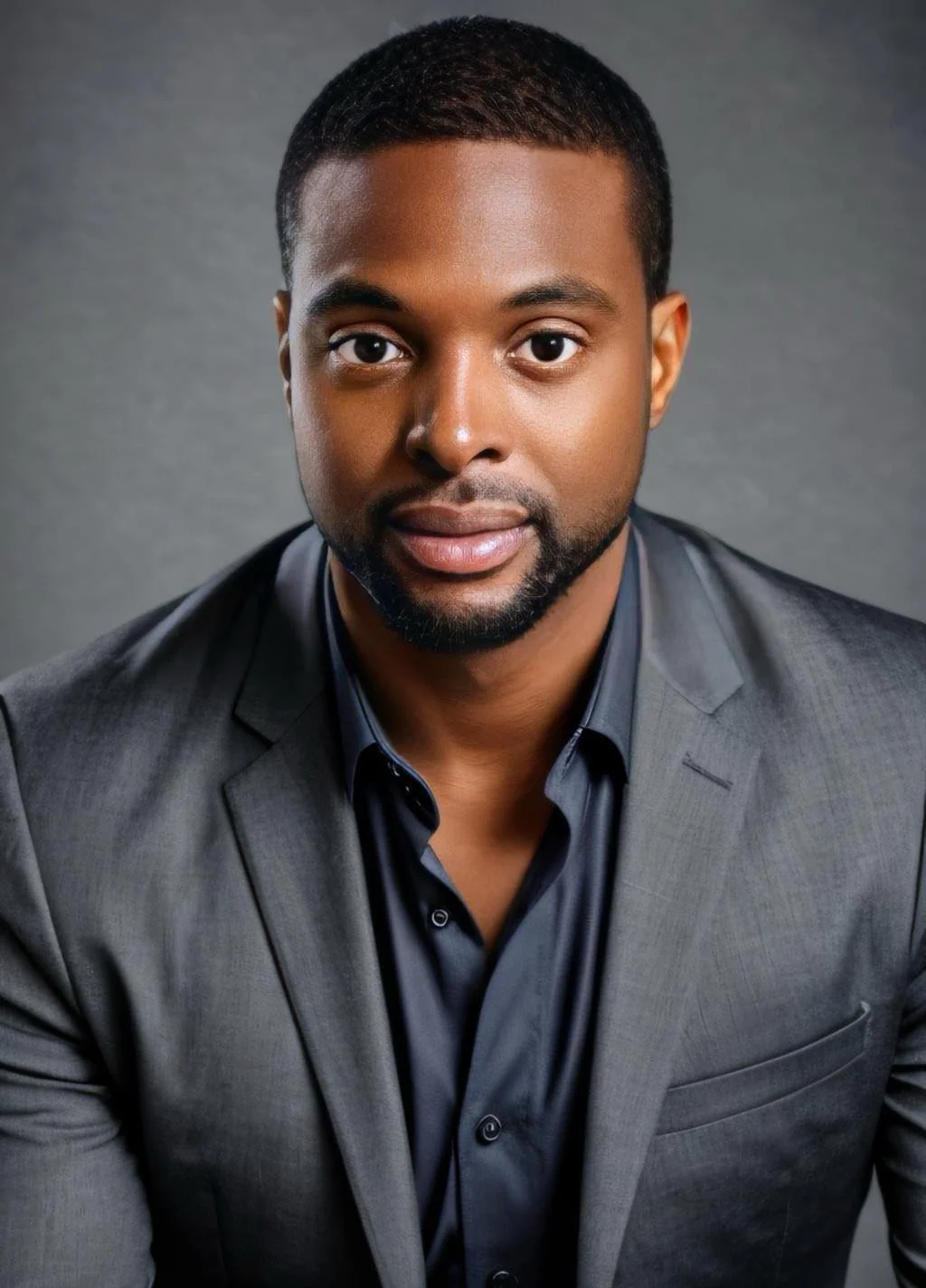 Headshot of a man in a gray suit and dark shirt against a gray background.