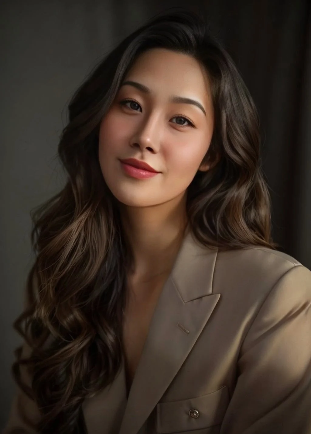 A young woman with long, wavy dark hair, smiling softly with natural makeup, wearing a beige blazer, positioned against a dark background.