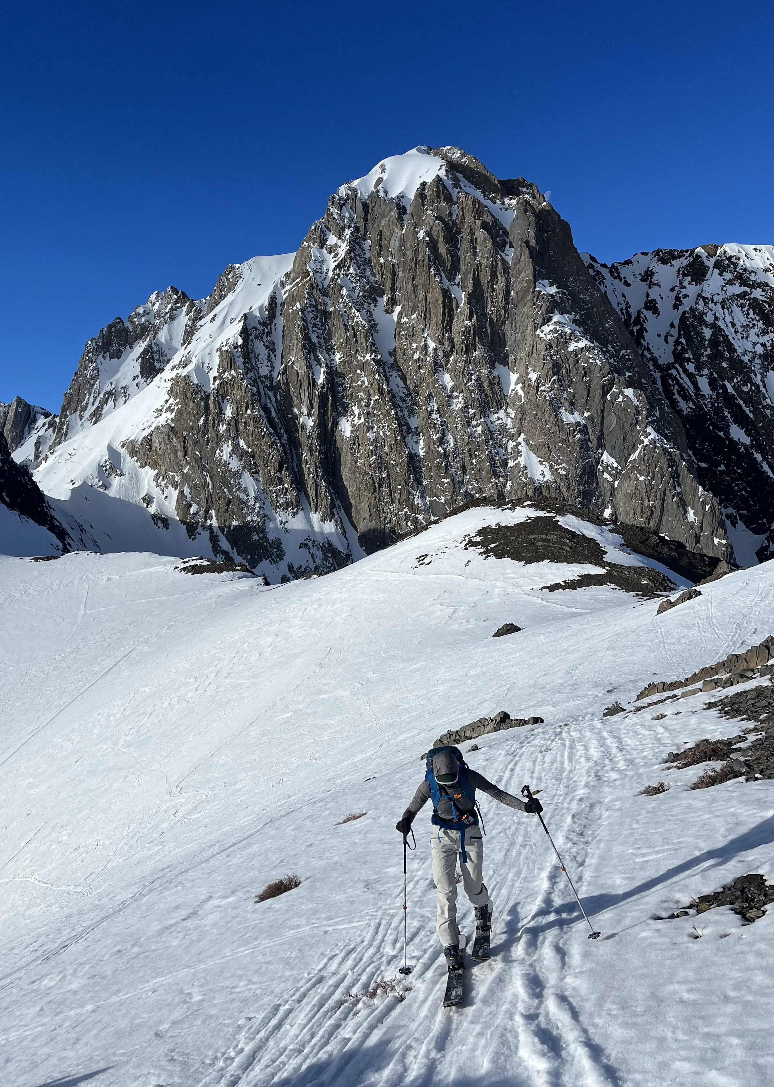 A person in winter gear with skis ascending snowy mountain terrain with a large rocky, snow-covered mountain in the background under a clear blue sky. Big training day for backcountry skiing.