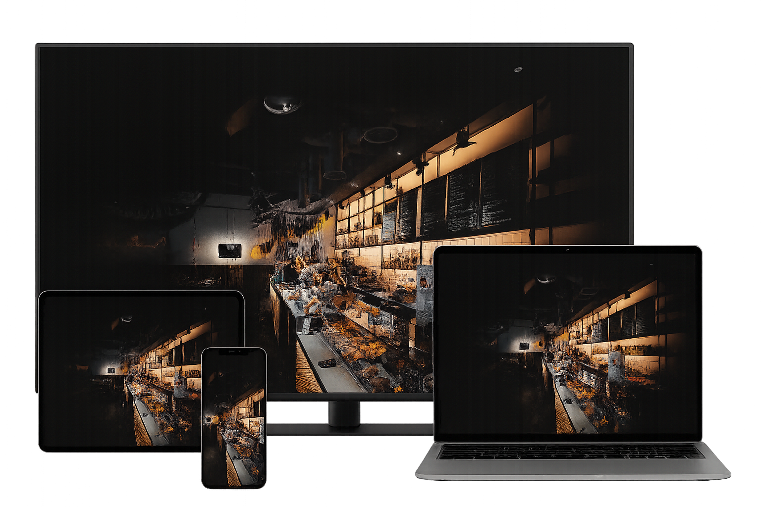 Multiple electronic devices—a large monitor, a laptop, and a smartphone—display the same image of a restaurant kitchen with chefs preparing food, with warm lighting and shelves of ingredients and kitchen tools.