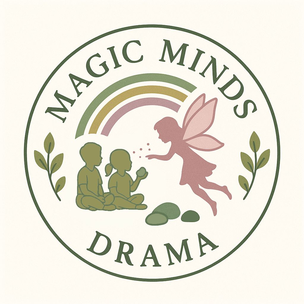 A logo featuring the words 'Magic Minds Drama' with illustrations of two children sitting cross-legged, a fairy with wings, a rainbow, rocks, and leaves.
