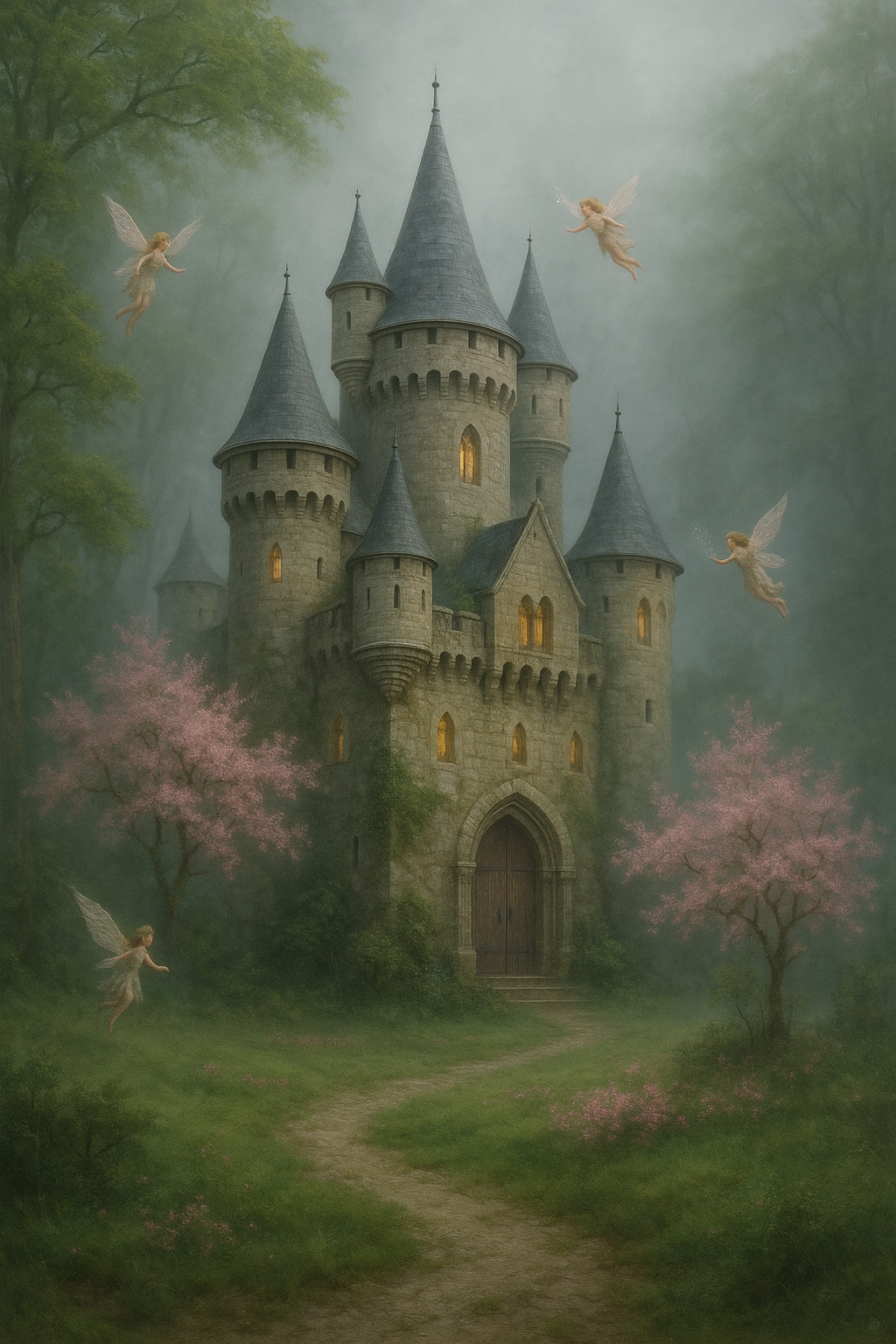 A fantasy castle with multiple towers and turrets, surrounded by pink blossom trees and fog, with four fairies flying around the castle.