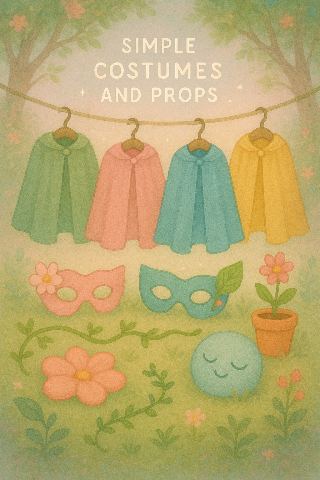 Illustration of colorful capes hanging on a line with pink and blue masks below, decorated with flowers, leaves, and a smiling earth, with a sign that reads 'Simple Costumes and Props.'