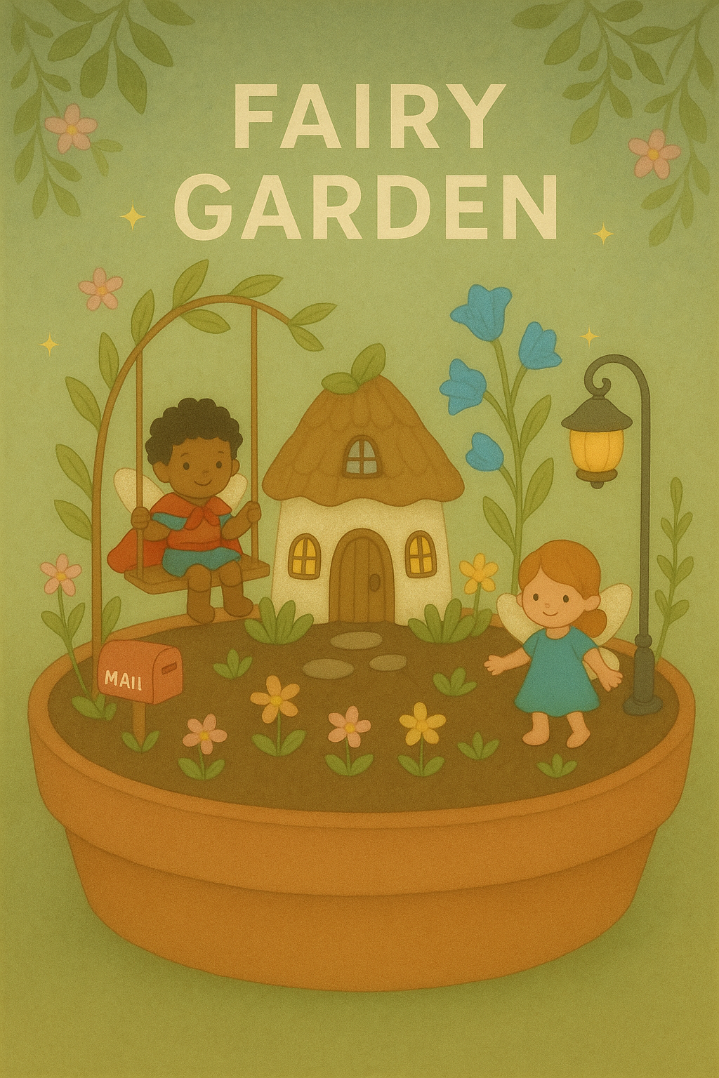 Illustration of a fairy garden with a floating planter containing flowers, a tiny house, a swing with a fairy child, a smiling girl with fairy wings, flowers, a mailbox, and a street lamp, all set against a green background with the words "Fairy Garden" at the top.